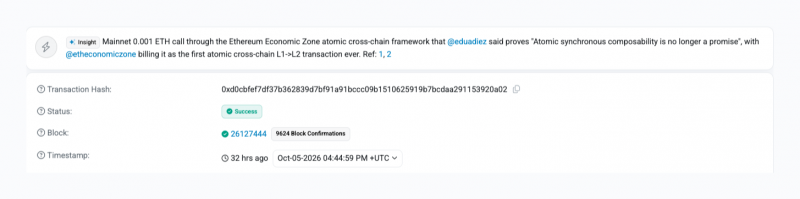 Первая атомная передача L1-to-L2 в Экономической зоне Ethereum стоит всего 0.001 ETH